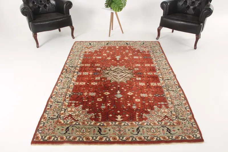 Vintage Rug, 4.8x7 ft Turkish Rug, Red Blue Striped Wool Rug - 1