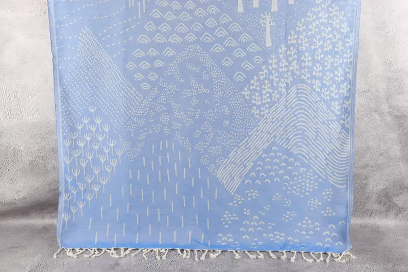 Turkish Towel Organic Cotton Blue Patterned Peshtemal, 40x71 Inches