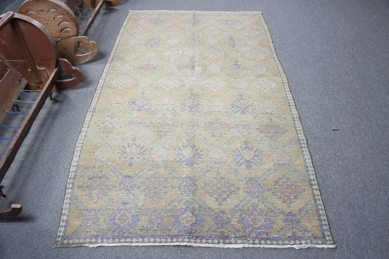 4.2x7.1 ft Vintage Türk Halısı, Alan Halısı, Mavi Oushak Çiçekli Halı - 1