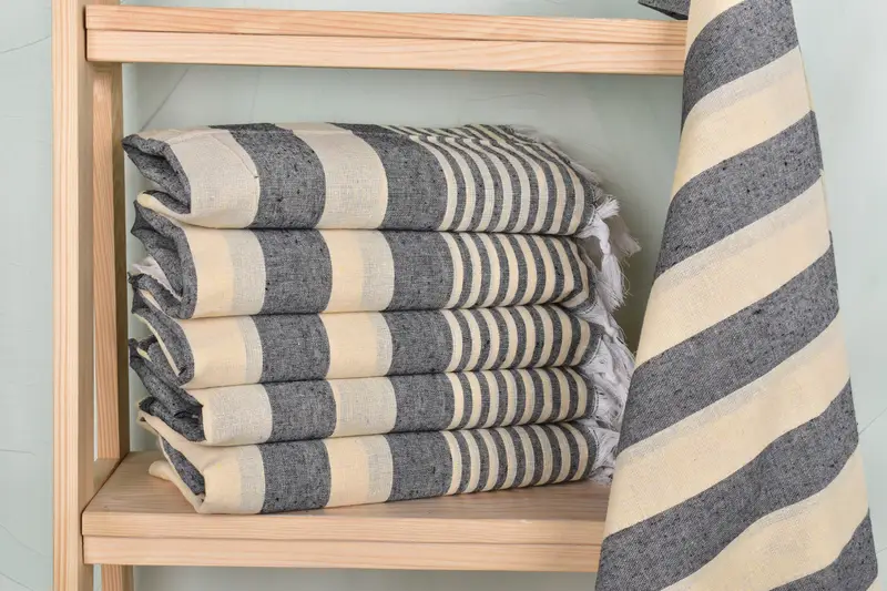 Striped Towel Yellow-Black Organic Cotton/Linen, 36x67 Inches