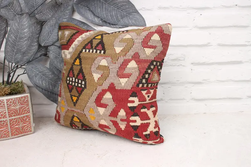 Cushion Cover, Boho Pillow Sham Cover, Kilim Cushion Sham, Handwoven Cushion Cover, Vintage Kilim Pillow, 12x12 Red Cushion Case - 4