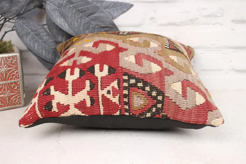 Cushion Cover, Boho Pillow Sham Cover, Kilim Cushion Sham, Handwoven Cushion Cover, Vintage Kilim Pillow, 12x12 Red Cushion Case - 5