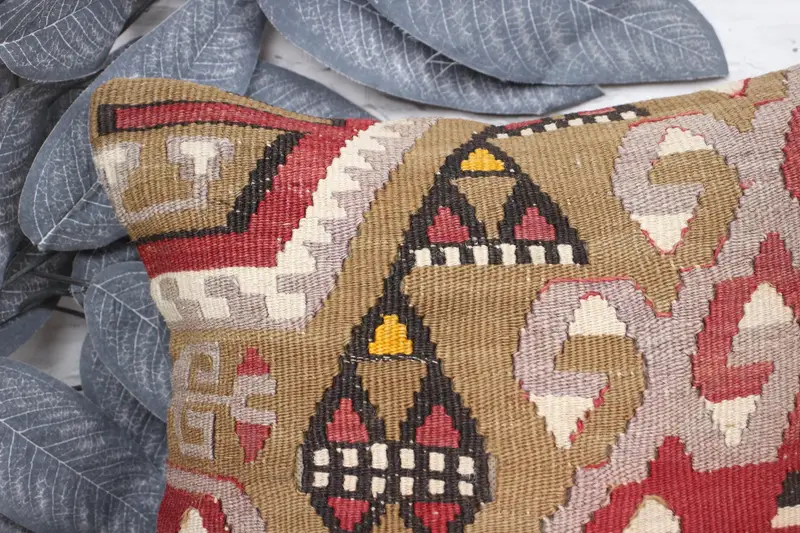 Cushion Cover, Boho Pillow Sham Cover, Kilim Cushion Sham, Handwoven Cushion Cover, Vintage Kilim Pillow, 12x12 Red Cushion Case - 2