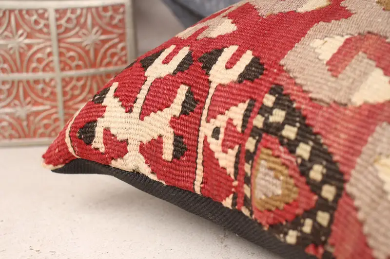 Cushion Cover, Boho Pillow Sham Cover, Kilim Cushion Sham, Handwoven Cushion Cover, Vintage Kilim Pillow, 12x12 Red Cushion Case - 7