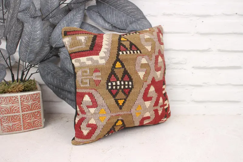 Cushion Cover, Boho Pillow Sham Cover, Kilim Cushion Sham, Handwoven Cushion Cover, Vintage Kilim Pillow, 12x12 Red Cushion Case - 3