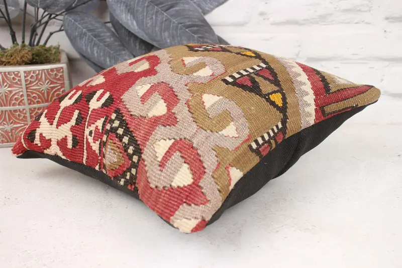 Cushion Cover, Boho Pillow Sham Cover, Kilim Cushion Sham, Handwoven Cushion Cover, Vintage Kilim Pillow, 12x12 Red Cushion Case - 6