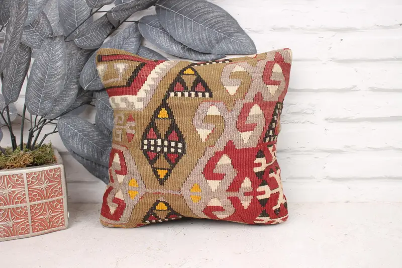 Cushion Cover, Boho Pillow Sham Cover, Kilim Cushion Sham, Handwoven Cushion Cover, Vintage Kilim Pillow, 12x12 Red Cushion Case - 1