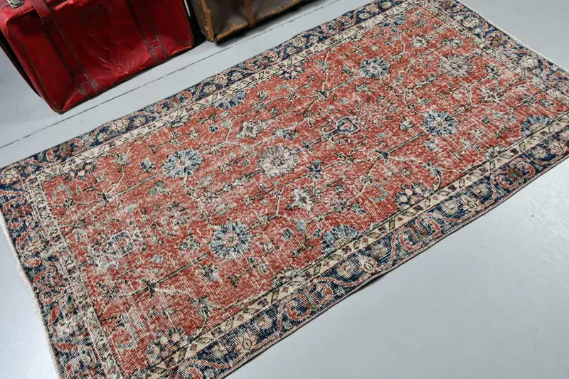 Türk Vurgulu Halı 3.4x6.6 ft, Vintage Oushak Kırmızı Ombré Yün Halı - 1
