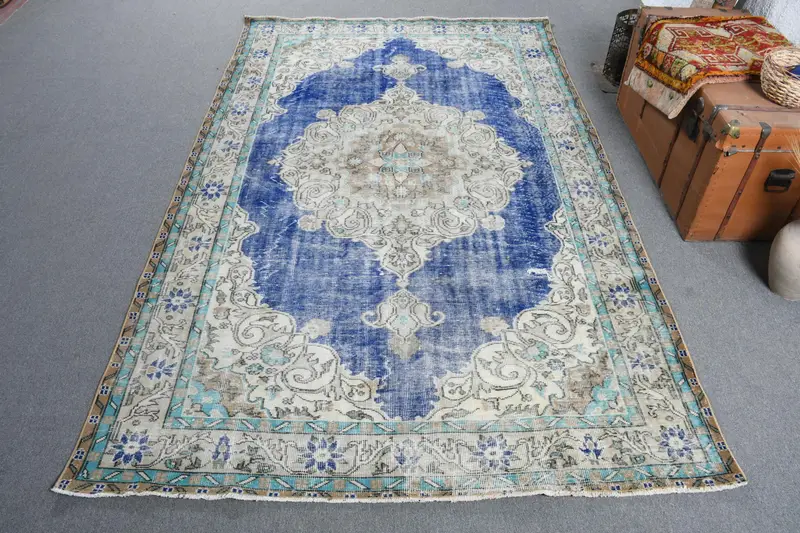 5.9x9.5 ft Rug, Turkish Vintage Rug, Oushak Blue Polka dot Rug - 1