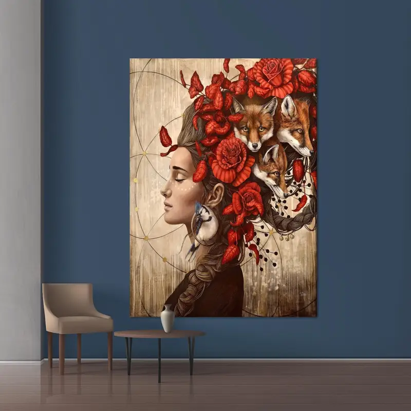 Arte de la pared de la cabeza de flores, decoración de arte de lienzo de mujer, mujer abstracta, mujer y zorro, arte, lienzo de mujeres y pájaros, decoración de arte de lona, ​​lienzo moderno - 1