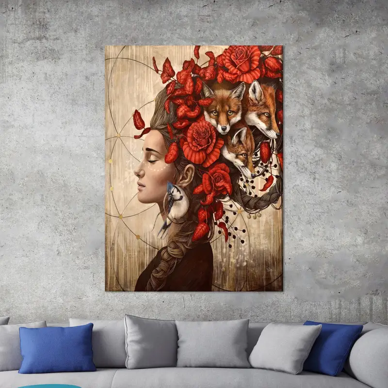 Arte de la pared de la cabeza de flores, decoración de arte de lienzo de mujer, mujer abstracta, mujer y zorro, arte, lienzo de mujeres y pájaros, decoración de arte de lona, ​​lienzo moderno - 3