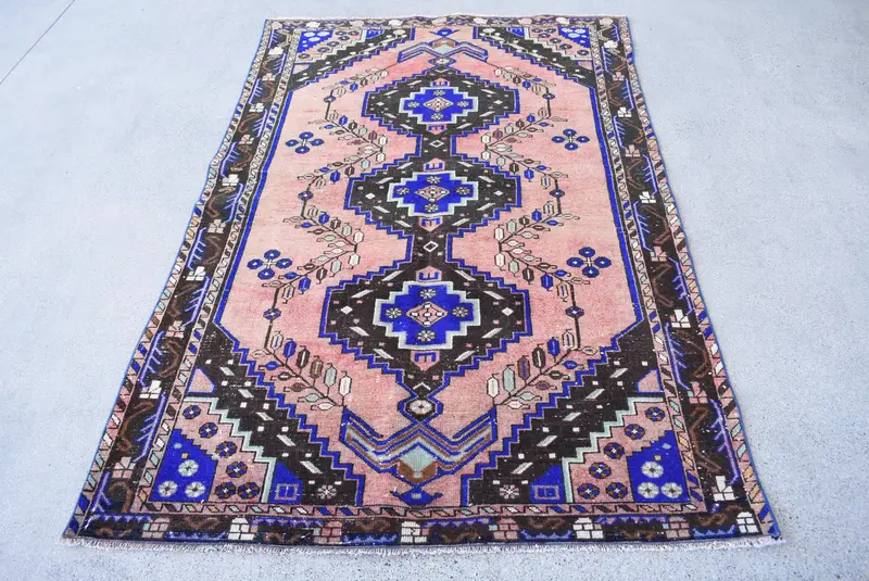 4.4x6.7 ft Oushak Türk Halısı, Pembe Ombré Vintage Halı Yün - 1