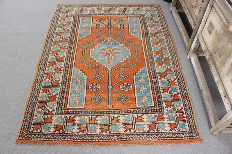 Handmade Orange Blue Oriental Rug, 0.3x5.7 ft