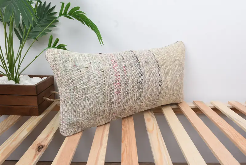 Ethnical Kilim Rug Pillow, Antique Pillows, Pet Cushion Cover, Cushion, Patio Pillow Case, 12x24 Beige Cushion Case, Turkish Pillow - 4