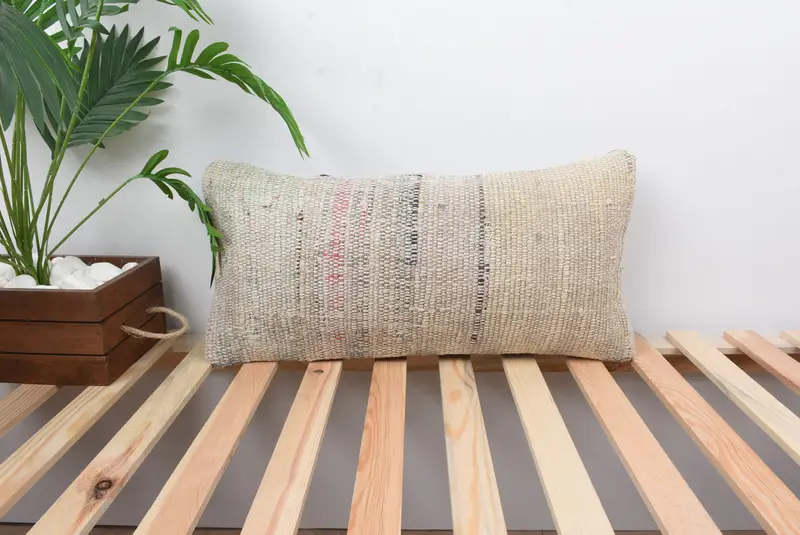 Ethnical Kilim Rug Pillow, Antique Pillows, Pet Cushion Cover, Cushion, Patio Pillow Case, 12x24 Beige Cushion Case, Turkish Pillow - 1