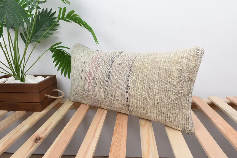Ethnical Kilim Rug Pillow, Antique Pillows, Pet Cushion Cover, Cushion, Patio Pillow Case, 12x24 Beige Cushion Case, Turkish Pillow - 5