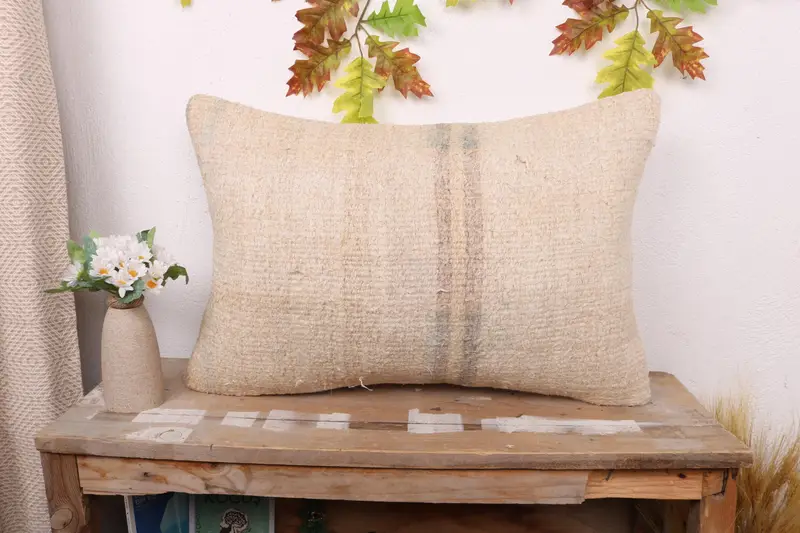 Boho Throw Pillow Case, Throw Kilim Pillow, Pillow Case, Pillow for Sofa, 16x24 Beige Cushion, Kilim Pillow Cover, Comfy Throw Cushion - 1