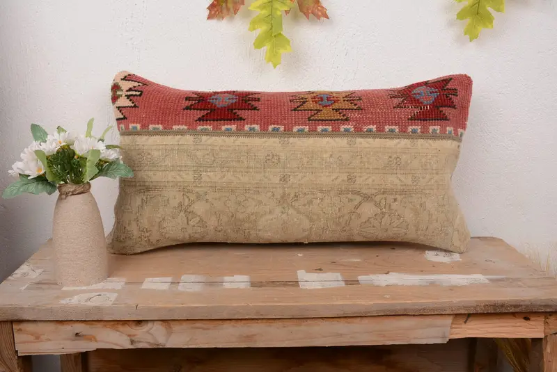 Red & Beige Patchwork Throw Pillow, Embroidered Vintage Cushion