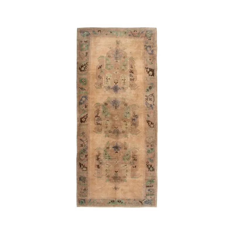 Turkish Vintage Large Rug 5x11.7 ft (152x356 cm), Brown Check Oushak Rug - 1
