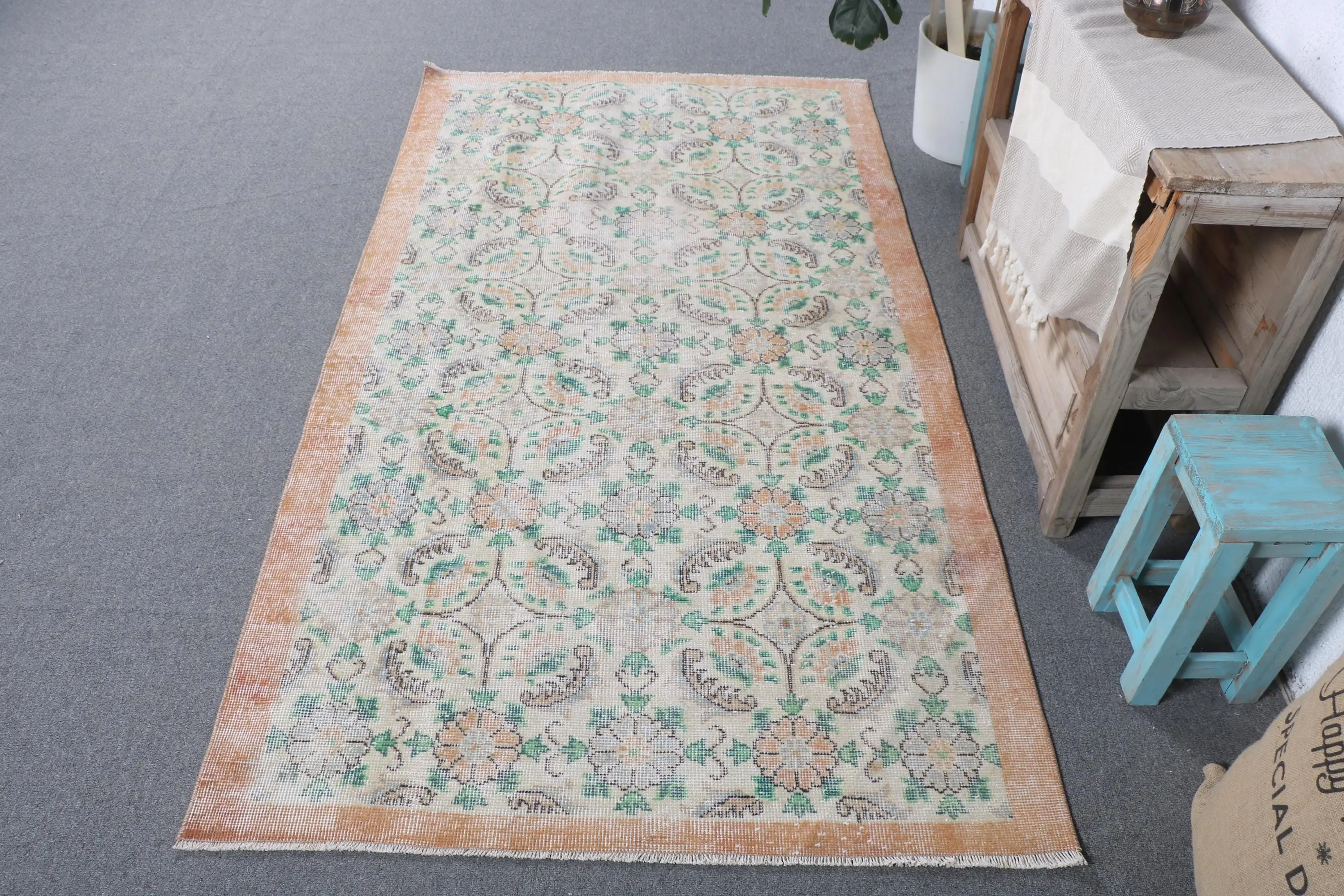 Vintage Türk Halısı 3,6x6,6 ft (111x202 cm), Yeşil Yün Halı - 1
