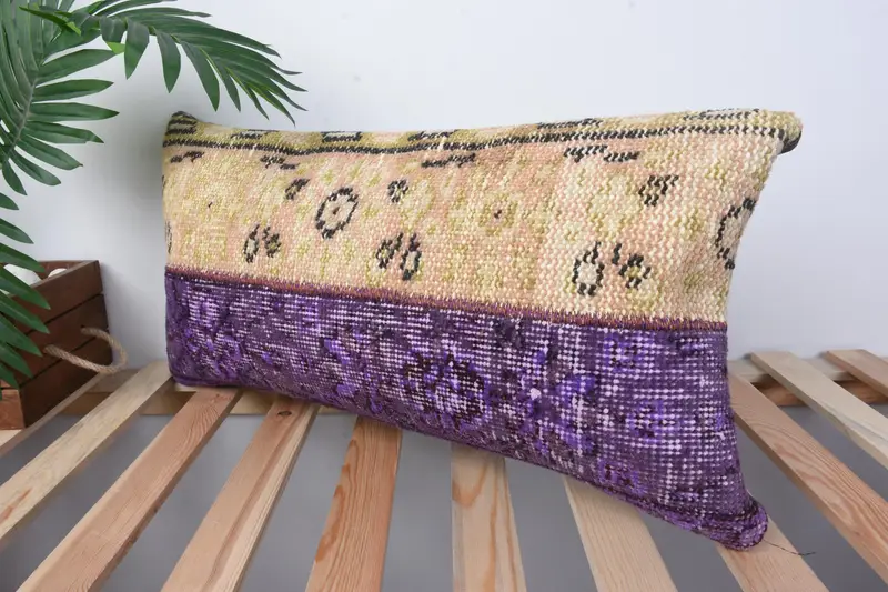 Vintage Kilim Pillow, Bolster Throw Cushion Cover, Traditional Pillow, Boho Pillow, Antique Pillows, 12x24 Purple Cushion Case, Cushion Cover - 4