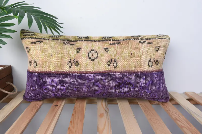 Vintage Kilim Pillow, Bolster Throw Cushion Cover, Traditional Pillow, Boho Pillow, Antique Pillows, 12x24 Purple Cushion Case, Cushion Cover - 1
