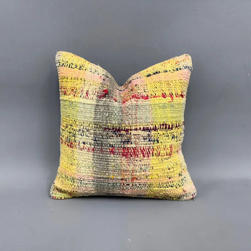 12x12 Yellow Pillow Cover, Boho Pillow Sham Cover, Kilim Cushion Sham, Turkish Kilim Pillow, Pillow Cover, Decorative Throw Cushion Cover - 1