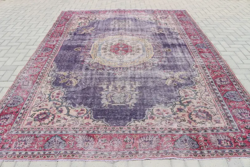 Alfombra turca de 8,1x10,3 pies, alfombra vintage Oushak, alfombra de lana de plantas y árboles morados - 1
