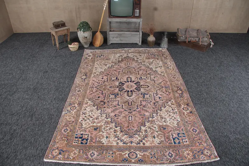 6.4x9.4 ft Oushak Halı, Vintage Türk Halısı, Kahverengi Mavi İkat Halı - 1