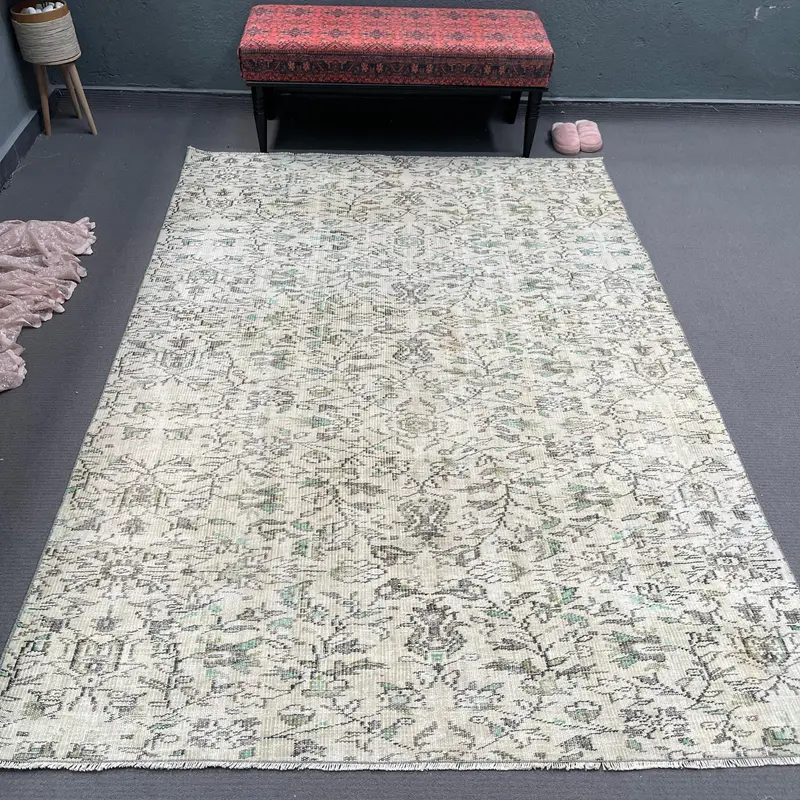 Turkish Vintage Rug, 5.7x8.3 ft Oushak Rug, Gray Green Floral Wool Rug - 1