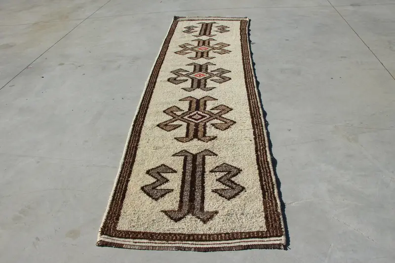 Vintage Herki Runner Rug 3x11 ft (91x336 cm), Turkish Brown Polka dot Rug - 1