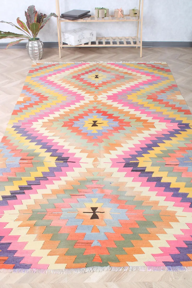 5.2x9.4 ft Vintage Large Rug, Yellow Pink Turkish Patchwork Wool Rug - 1