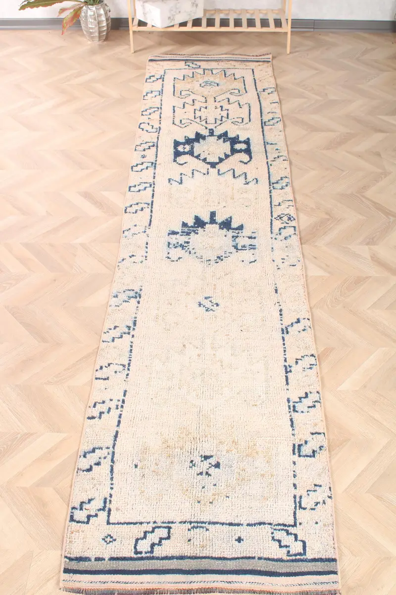 Alfombra turca, Alfombra vintage Runner 2.5x11.1 ft, Alfombra de lana a rayas blancas - 1
