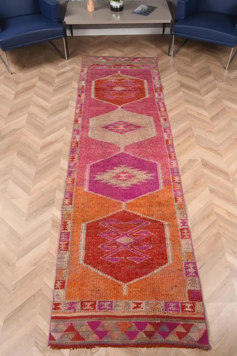 Alfombra turca Runner 2.8x10.5 ft, Alfombra vintage de lana roja Herki - 1