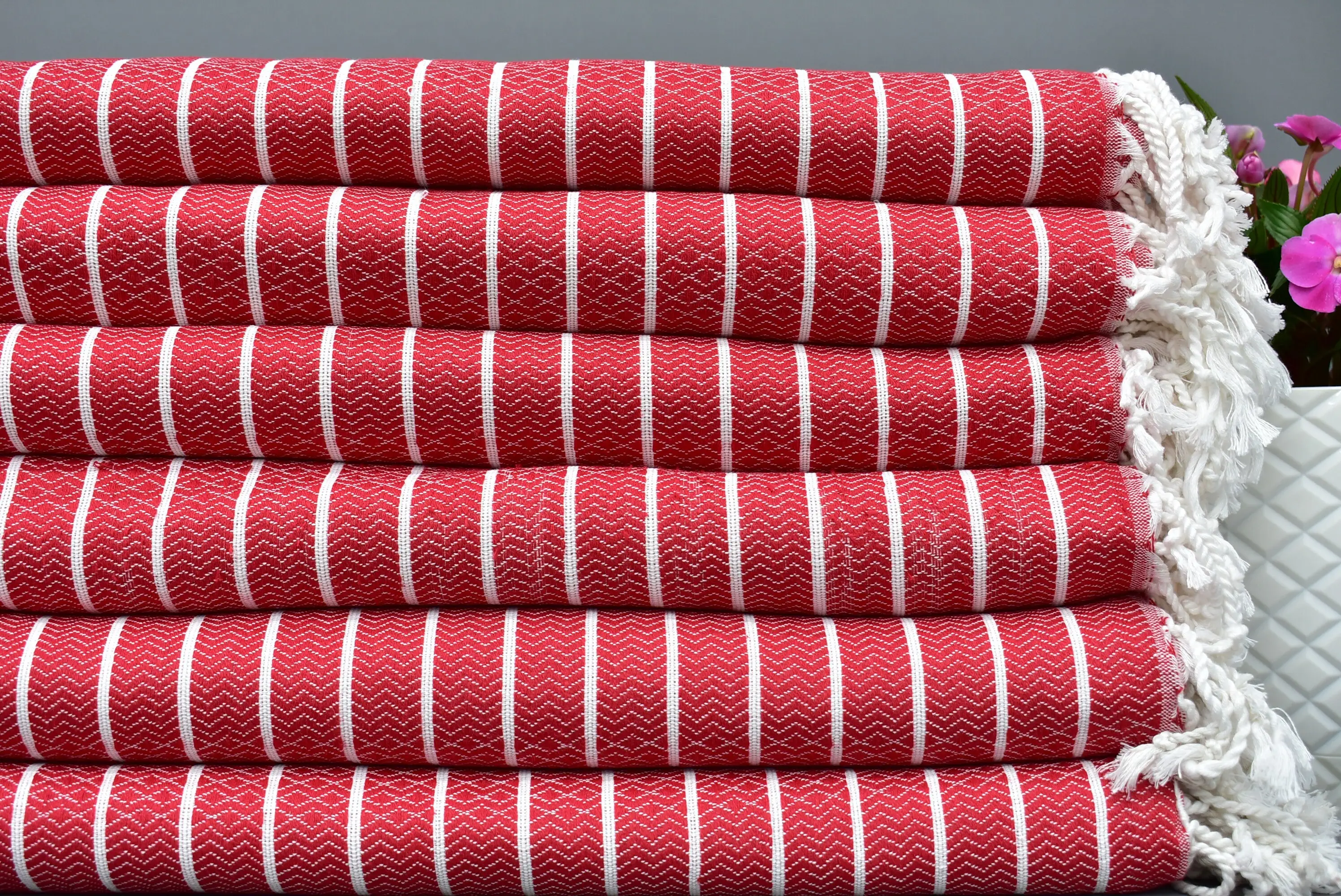 Spa Towel Red Striped Organic Cotton Turkish Beach Towel, 70x40 Inches - 1