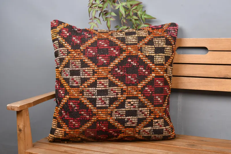 Rot & Orange besticktes Wurfkissen, 24x24 handgemachtes geometrisches Kissen