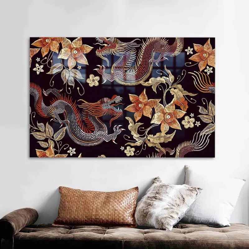 エレガントなプリントガラス：神話の龍と花のデザイン