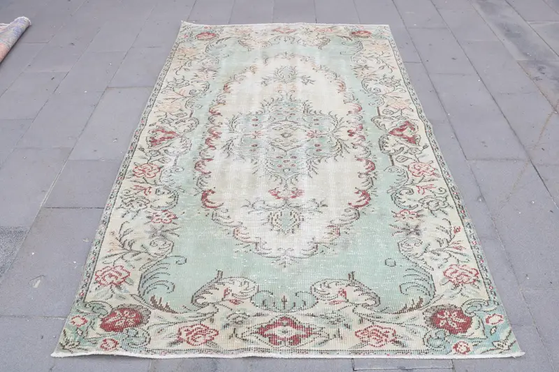 4.7x7.7 ft Vintage Turkish Rug, Area Rug, Red Oushak Striped Rug - 1