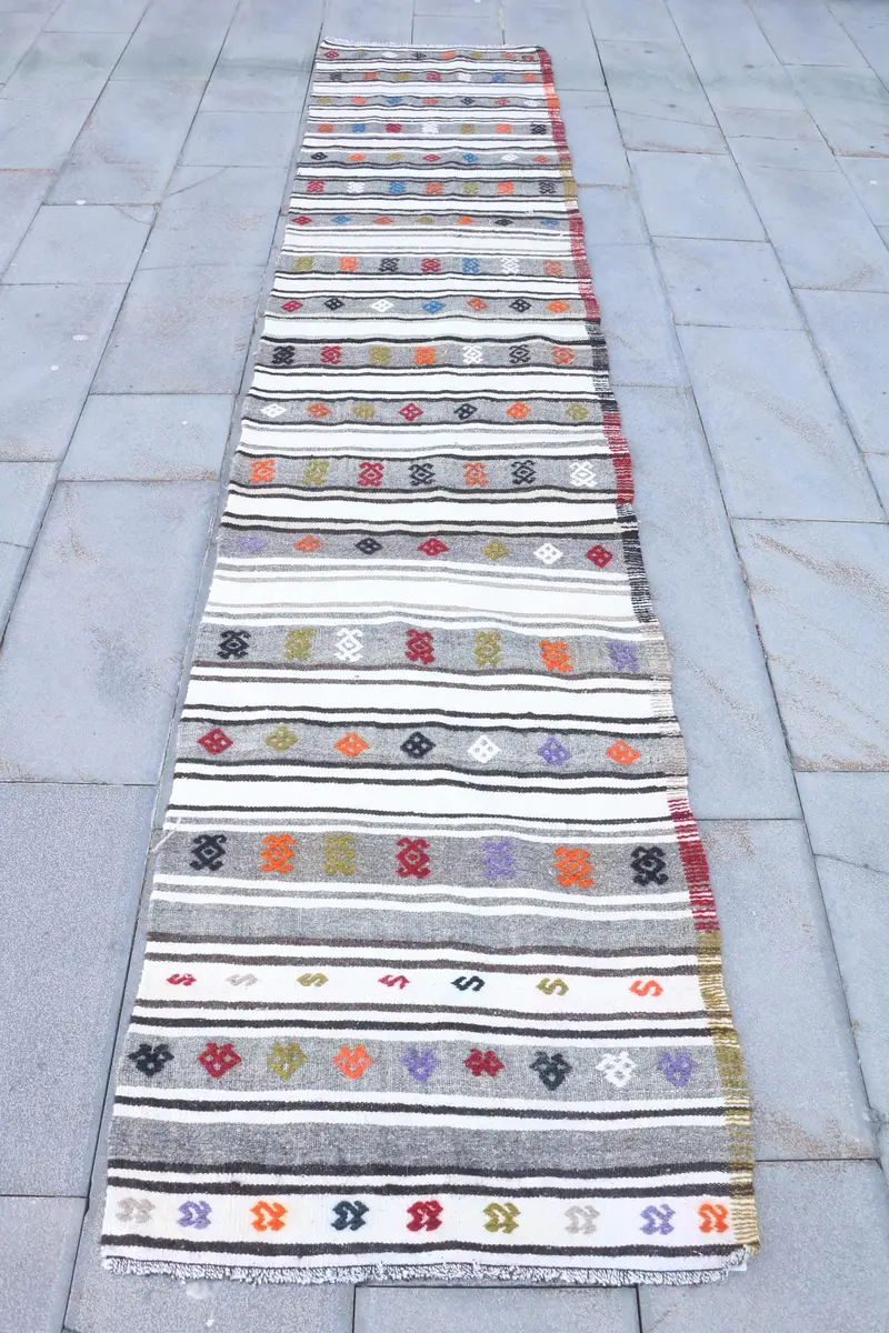 エレガントなベージュのイカットラグ、2.4x11.5フィートのシックな装飾