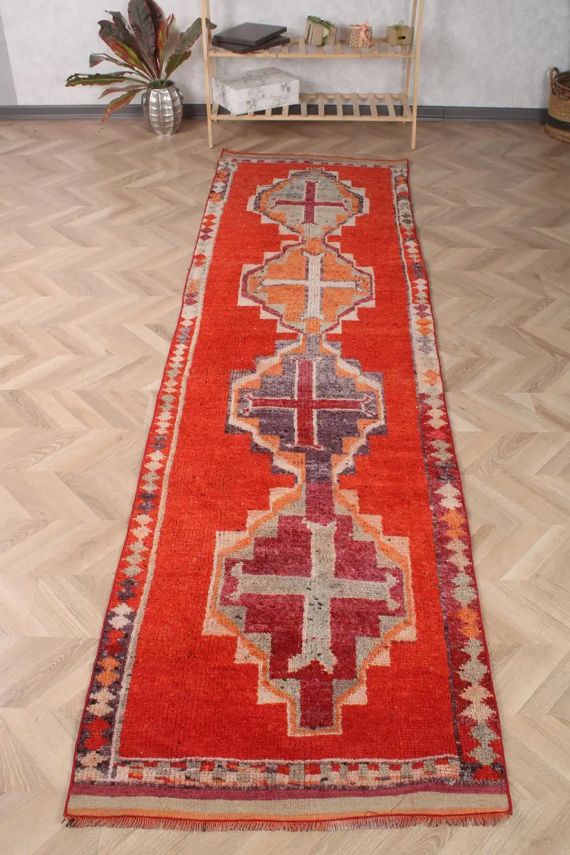 Türk Vintage Halı, 3x10.7 ft Runner Halı, Kırmızı Gri Patchwork Halı - 1