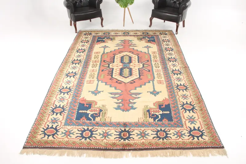 Türkischer Vintage-Teppich, 6,8 x 10,6 Fuß großer Übergröße-Teppich, blauer Oushak-Blumenteppich - 1