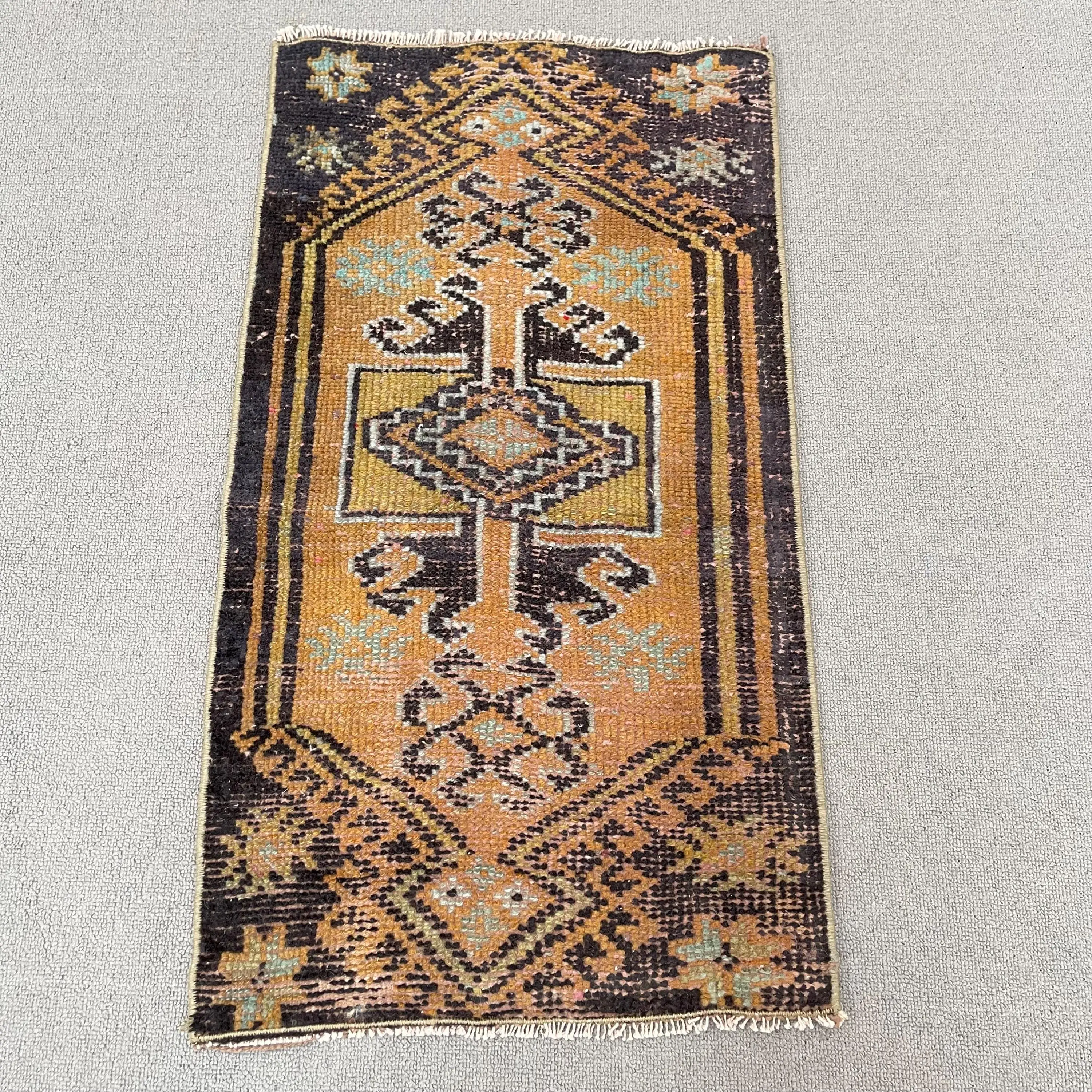 Turkish Rug 1.3x2.5 ft, Brown Black Wool Vintage Rug - 1