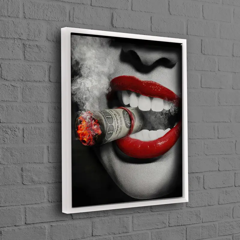 エレガントなキャンバス: お金の葉巻と赤いリップを持つ喫煙女性