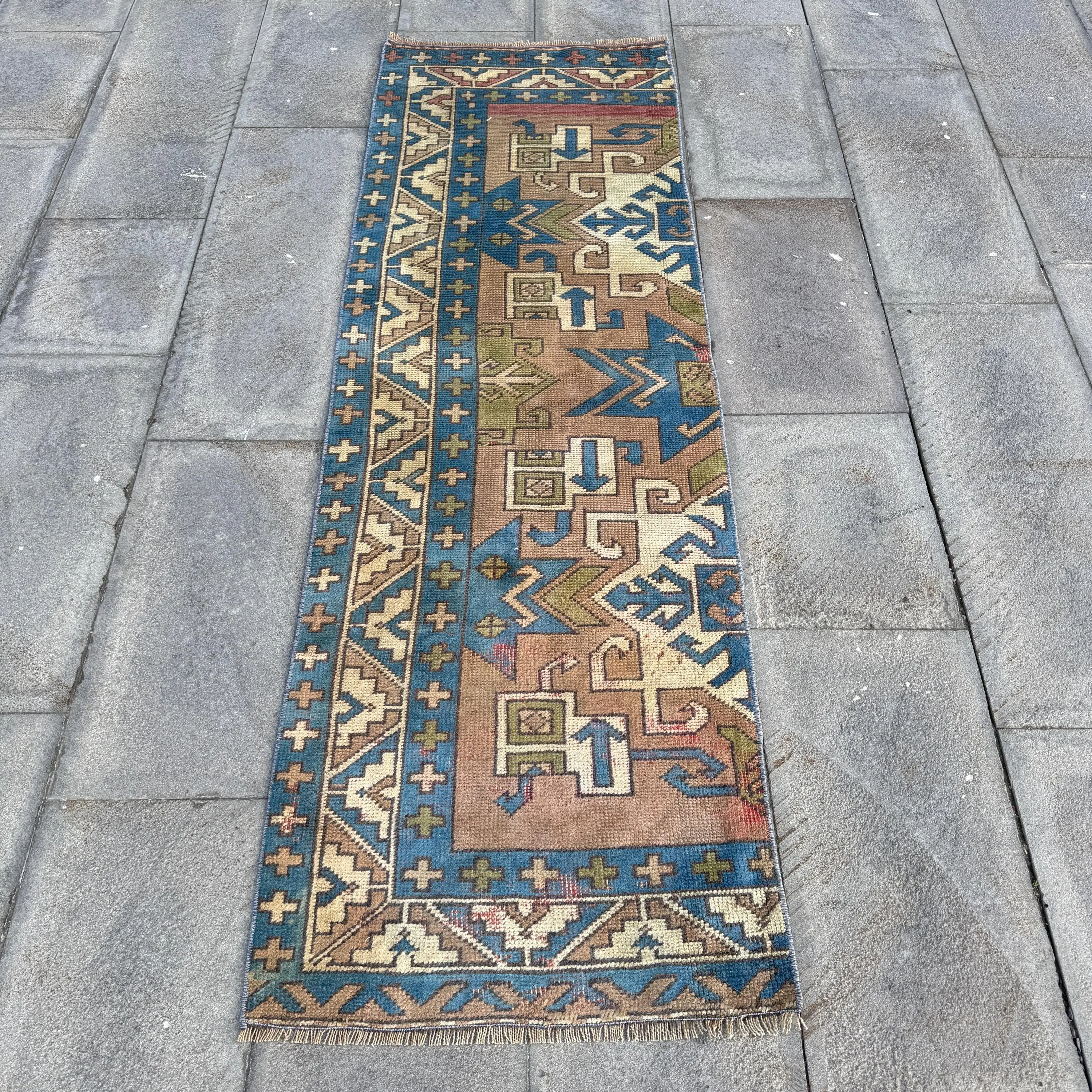 Turkish Rug, 2x6.4 ft Runner Vintage Rug, Blue Brown Ombré Rug - 1