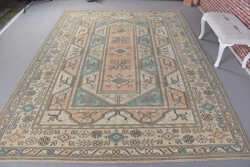 Vintage Turkish Rug, 0.7x11.6 ft Runner Rug, Brown Blue Check Wool Rug - 1
