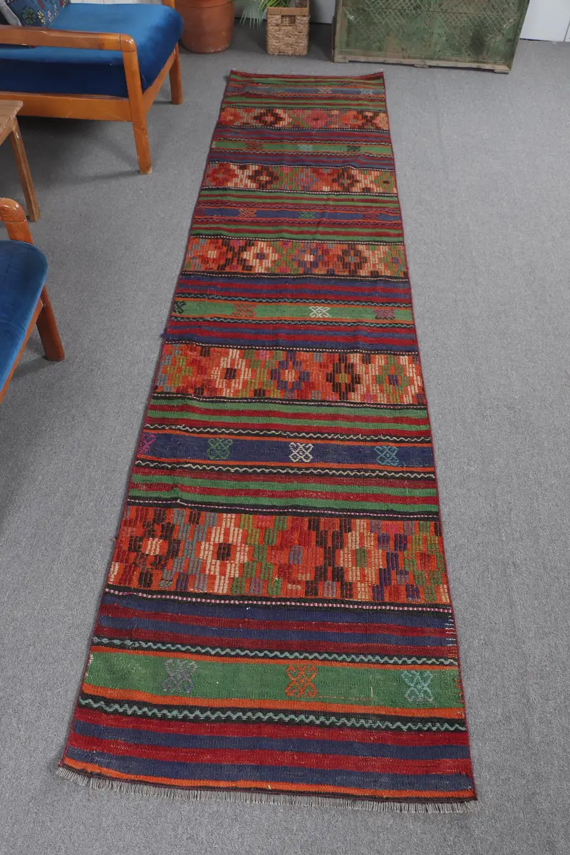 Vintage Turkish Rug, 2.5x10.4 ft Kilim Rug, Red Southwestern Wool Rug - 1