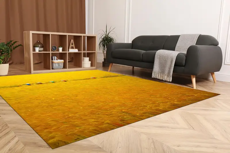 モダンなイエロー プリント ラグ: 豊かな収穫期の農家のデザイン