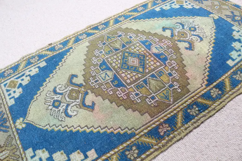 Vintage Turkish Oushak Rug 1.9x3.6 ft (58x111 cm), Blue Wool Rug - 1