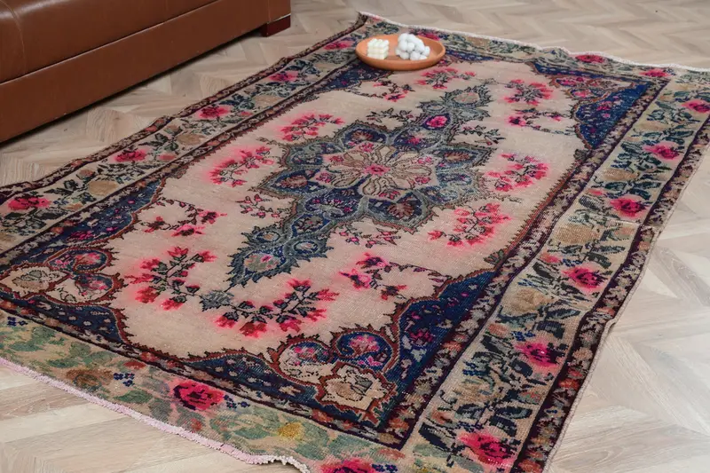 Turkish 4.8x7 ft Rug, Area Vintage Rug, Blue Red Ikat Rug - 1