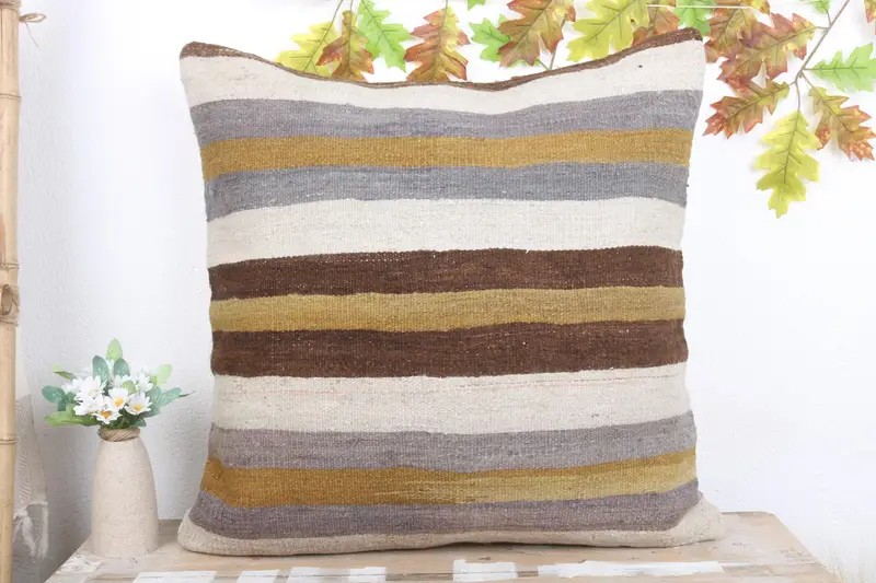 Ethnical Kilim Rug Pillow, Vintage Kilim Throw Pillow, 24x24 White Pillow Cover, Kilim Cushion Sham, Pillow Cover, Car Cushion Case - 2